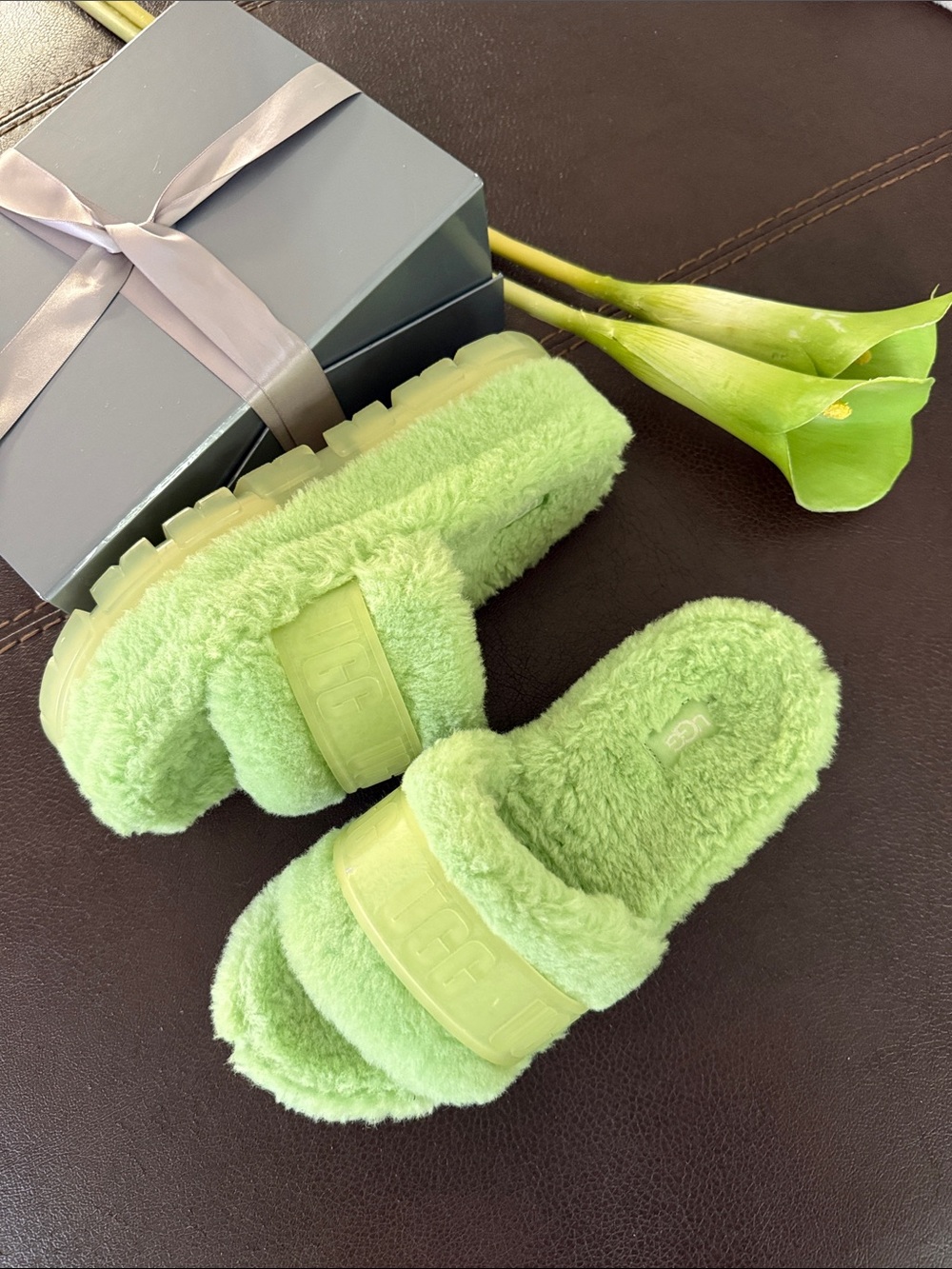 UGG Fluffita Clear Plush Slides in Lime Green
